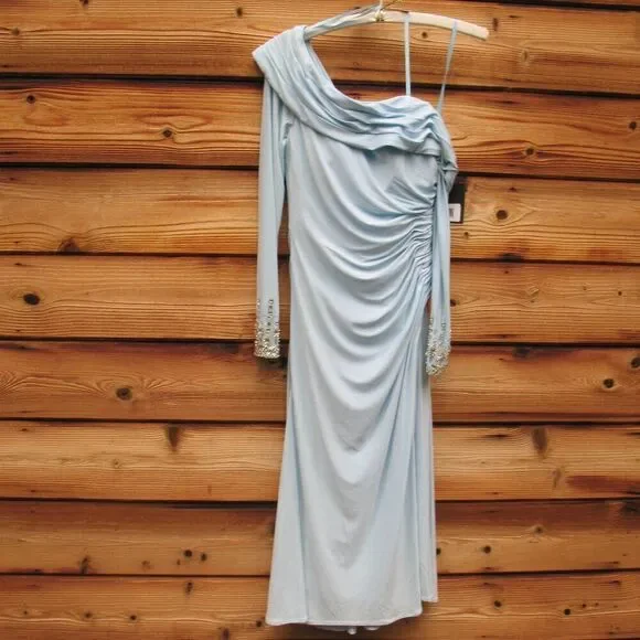 Mac Duggal 26485 Blue Foldover Long Sleeve Jeweled Midi Dress - Picture 5 of 14